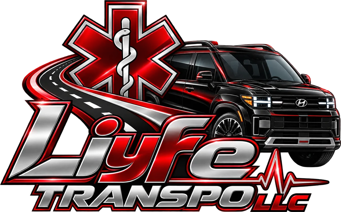 Liyfe Transpo LLC logo: red Star of Life, highway, and black SUV